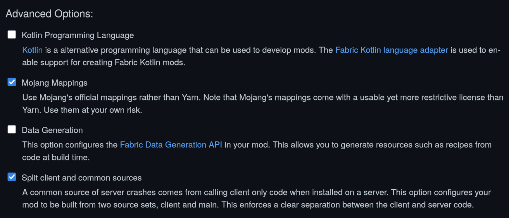 Advanced options section