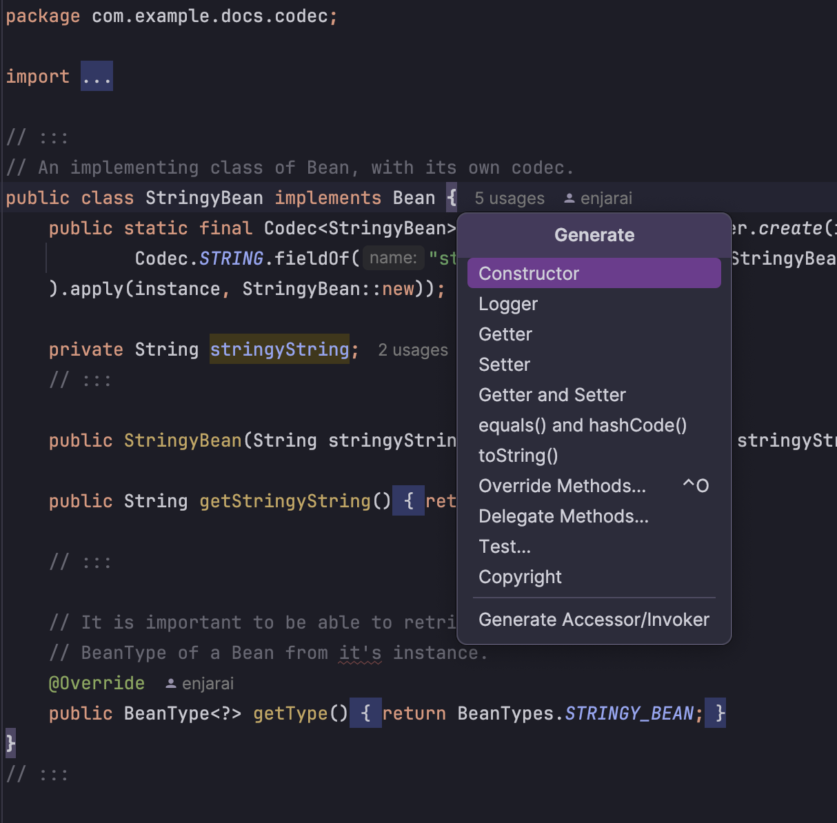 Menu generazione di codice in un file Java